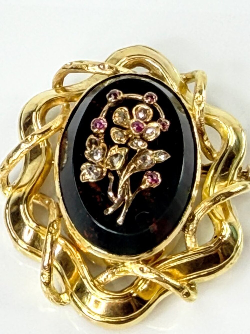Antique 15K yellow Bloodstone Ruby Rose Cut Diamond Floral Brooch 15g 2" JR2185